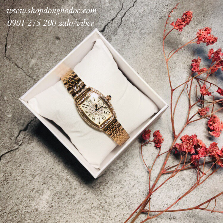 Đồng hồ nữ dây kim loại vàng mặt chữ nhật oval trắng đính đá sang chảnh Guou ĐHĐ12905