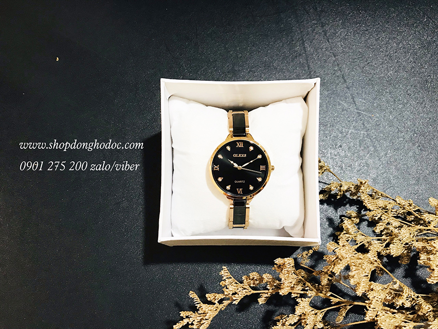 Đồng hồ nữ dây đá ceramic mặt tròn đen thanh lịch Olves ĐHĐ23403