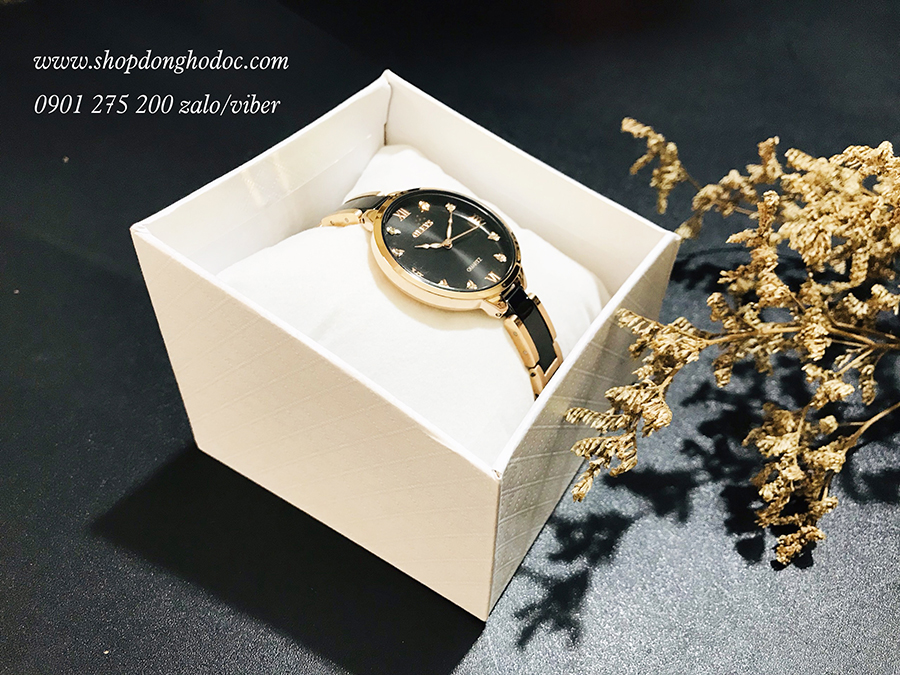 Đồng hồ nữ dây đá ceramic mặt tròn đen thanh lịch Olves ĐHĐ23403