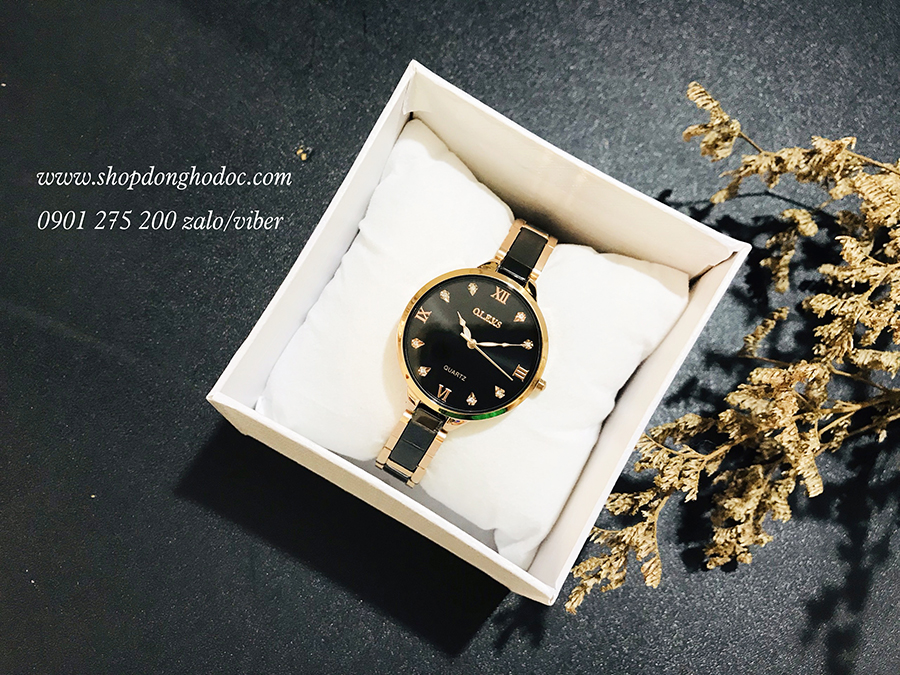 Đồng hồ nữ dây đá ceramic mặt tròn đen thanh lịch Olves ĐHĐ23403
