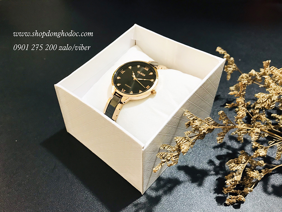 Đồng hồ nữ dây đá ceramic mặt tròn đen thanh lịch Olves ĐHĐ23403