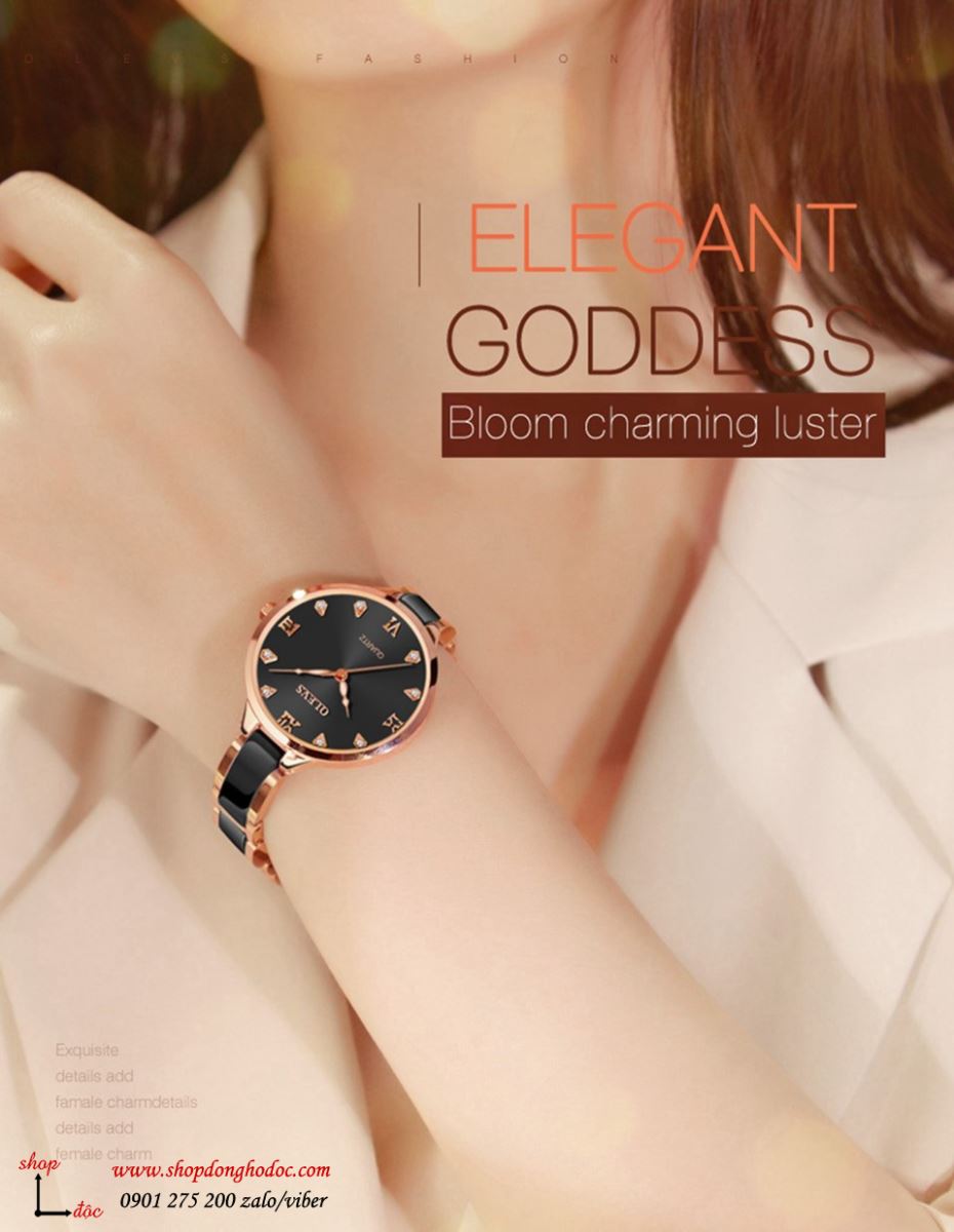 Đồng hồ nữ dây đá ceramic mặt tròn đen thanh lịch Olves ĐHĐ23403