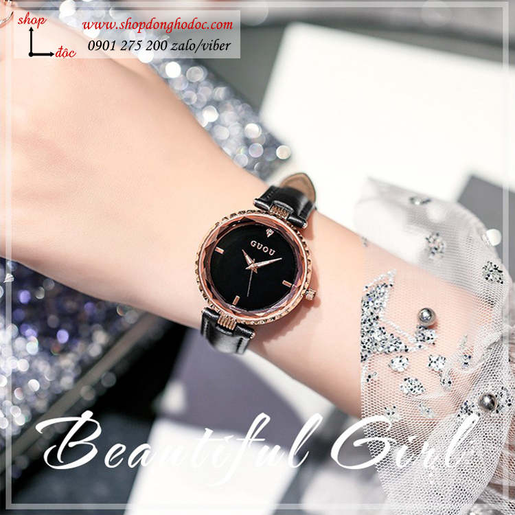 Đồng hồ nữ dây kim loại vàng mặt tròn xanh sành điệu Guou ĐHĐ8304