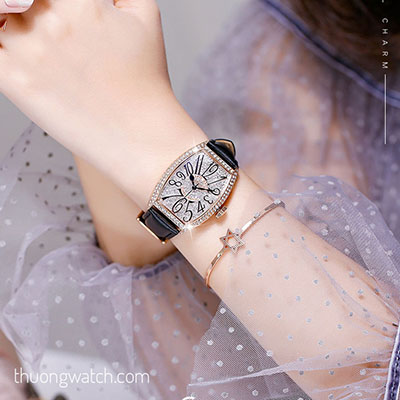 Đồng hồ nữ Guou dây da mặt chữ nhật oval đính đá đen ĐHĐ40002