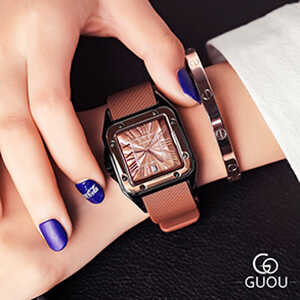 Đồng hồ nữ Guou Size To dây cao su mặt vuông màu nâu tây cá tính ĐHĐ31601