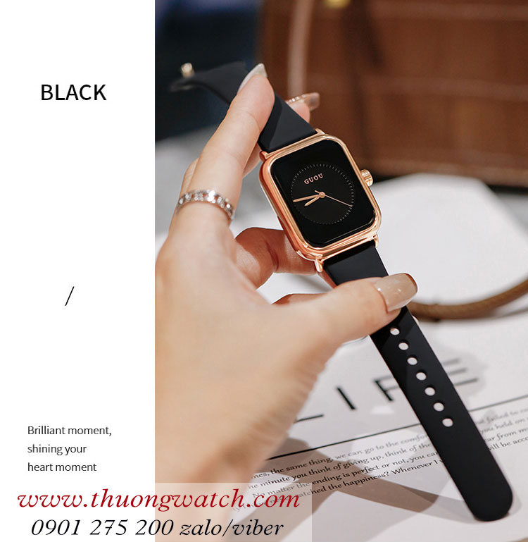 Đồng hồ Guou 8162 nữ dây silicon đen mặt chữ nhật đen sành điệu ĐHĐ38505