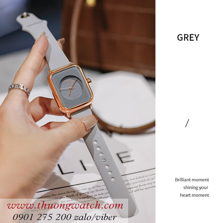 Đồng hồ Guou nữ dây silicon xám mặt chữ nhật xám thời thượng ĐHĐ38507