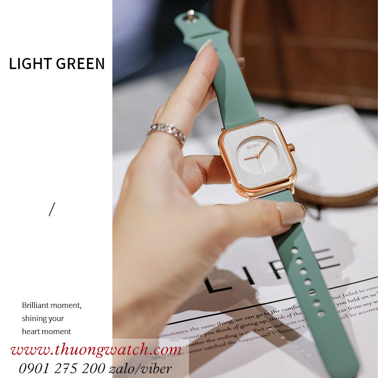 Đồng hồ Guou 8162 nữ dây silicon xanh mặt chữ nhật trắng thời trang ĐHĐ38506