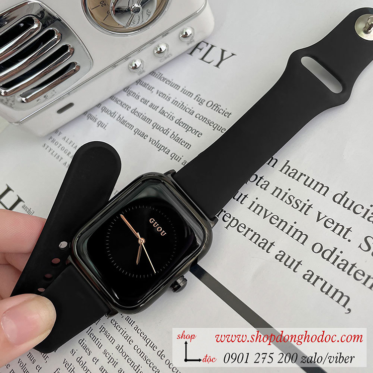 Đồng hồ Guou nữ dây silicon đen mặt chữ nhật đen cá tính ĐHĐ38502