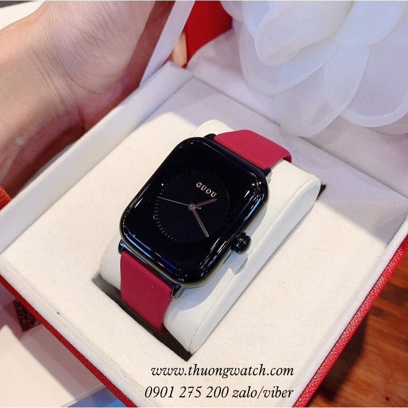 Đồng hồ Guou nữ 8162 dây silicon đỏ mặt chữ nhật đen nổi bật ĐHĐ38508