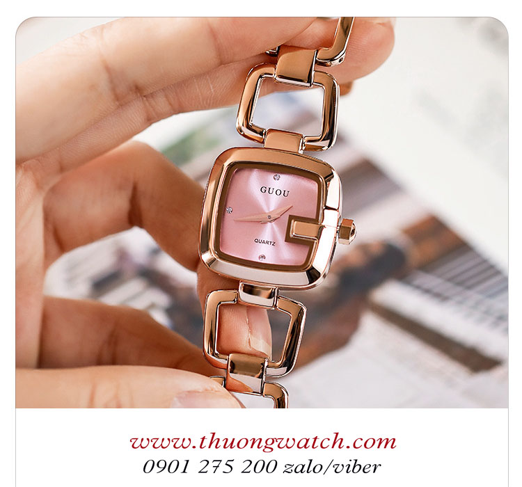 Đồng hồ nữ Guou dây kim loại mặt vuông size nhỏ hồng pastel ngọt ngào ĐHĐ39702