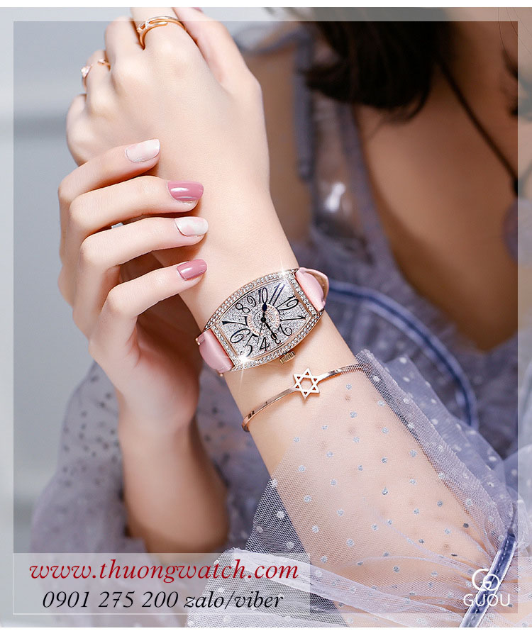 Đồng hồ nữ Guou dây da mặt chữ nhật oval đính đá hồng pastel ĐHĐ40003